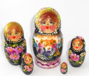 Lera in lollipop dress black scarf 5-set Babushka Matryoshka nesting Doll  Babooshki Babushkas