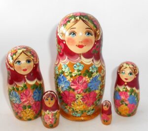 Klara small in burgundy scarf golden dress Babushka Matryoshka nesting Doll Babooshki Babushkas