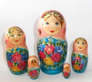 Klara small in light pink scarf blue dress Babushka Matryoshka nesting Doll Babooshki Babushkas