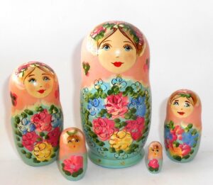 Klara small in light pink scarf light blue dress Babushka Matryoshka nesting Doll Babooshki Babushkas