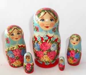 Klara small in light blue scarf red dress Babushka Matryoshka nesting Doll Babooshki Babushkas