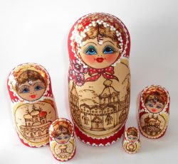 Churches red scarf with flowers 5-set Babushka Matryoshka nesting Doll Babooshki Babushkas