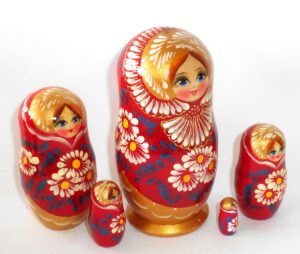 Maria in dark red and gold large 5-set nesting Doll Babooshki s Classic Village Traditional
