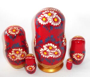 Maria in dark red and gold large 5-set nesting Doll Babooshki s Classic Village Traditional