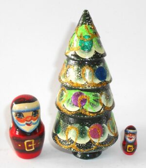 Xmas Tree Two Santas 3-set Babushka Matryoshka nesting Doll Babooshki Babushkas