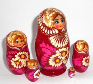 Maria in dark red and gold small 5-set nesting Doll Babooshki s Classic Village Traditional
