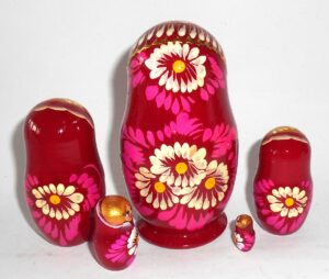 Maria in dark red and gold small 5-set nesting Doll Babooshki s Classic Village Traditional