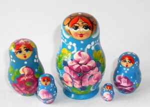Girl in blue floral dress red scarf fatty 5-set Babushka Matryoshka nesting Doll Babooshki Babushkas