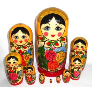 GIANT Semenov yellow scarf 10-set giant nesting Doll Babooshki s Classic Village Traditional
