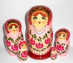 Girl in traditional pink dress with hot pink flowers large 5-set nesting Doll Babooshki s Classic Village Traditional