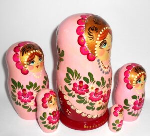 Girl in traditional pink dress with hot pink flowers large 5-set nesting Doll Babooshki s Classic Village Traditional