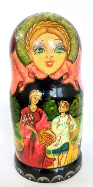 Village date in Winter blue dress 7-set Babushka Matryoshka nesting Doll (Copy)