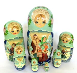 Village date in Winter blue dress 7-set Babushka Matryoshka nesting Doll (Copy)