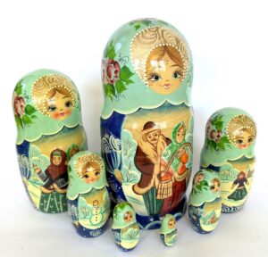 Village date in Winter blue dress 7-set Babushka Matryoshka nesting Doll (Copy)