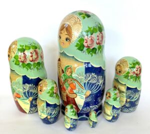 Village date in Winter blue dress 7-set Babushka Matryoshka nesting Doll (Copy)