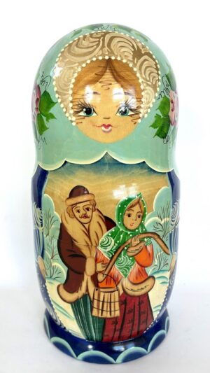 Village date in Winter blue dress 7-set Babushka Matryoshka nesting Doll (Copy)