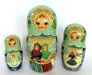Village date in Winter blue dress 7-set Babushka Matryoshka nesting Doll (Copy)