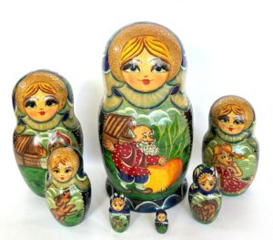 Village date in Winter teal scarf 7-set Babushka Matryoshka nesting Doll (Copy)