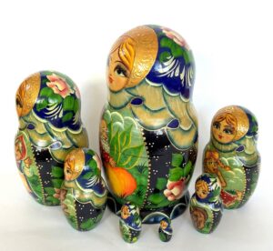 Village date in Winter teal scarf 7-set Babushka Matryoshka nesting Doll (Copy)