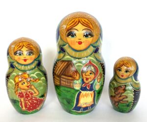 Village date in Winter teal scarf 7-set Babushka Matryoshka nesting Doll (Copy)