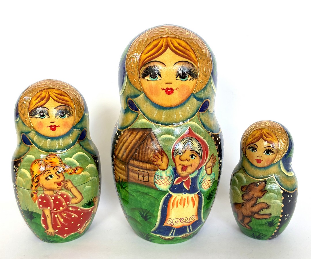 Village date in Winter teal scarf 7-set Babushka Matryoshka nesting Doll (Copy)